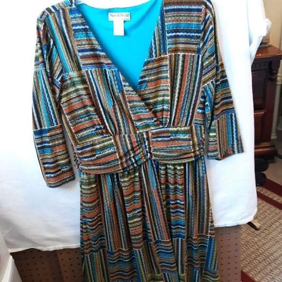 NorthStyle Dresses & Skirts - Multicolored Dress Size M Mock Wrap Top 3/4 Sleeve North Style Excellent Cond